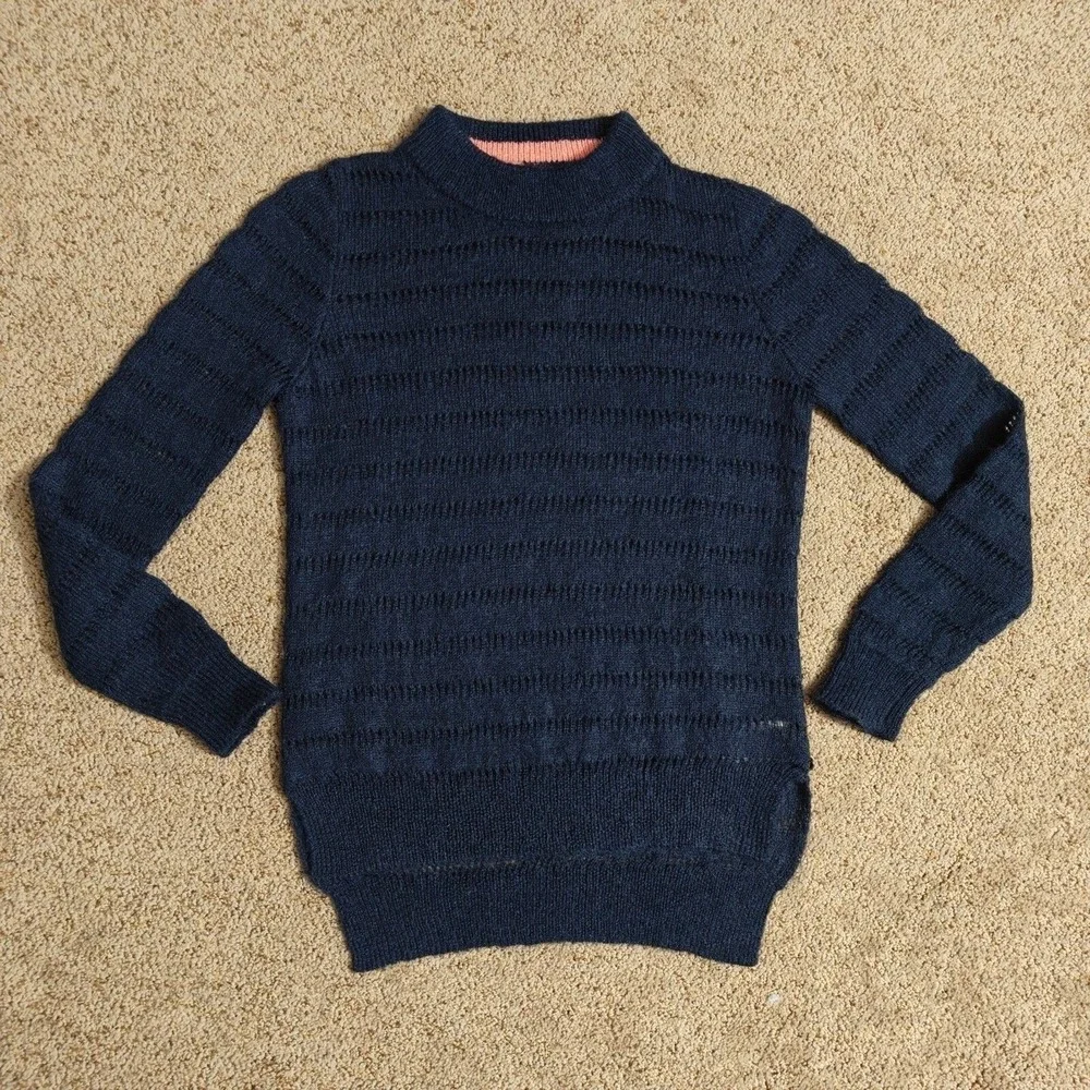 Scotch &‎ Soda Sweater Womens XS Navy Blue Mock Neck Openwork Wool